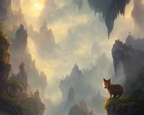Mystical landscape with rock formations, river, bird, fox, and sun glow