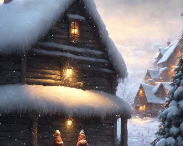 Snow-covered cottage with glowing windows and figures in red cloaks near a snowy village.