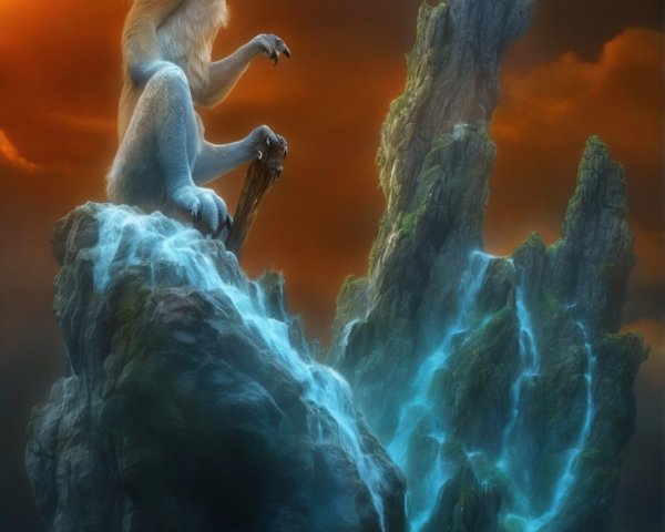 Eagle-headed lion creature on jagged rock under orange sky