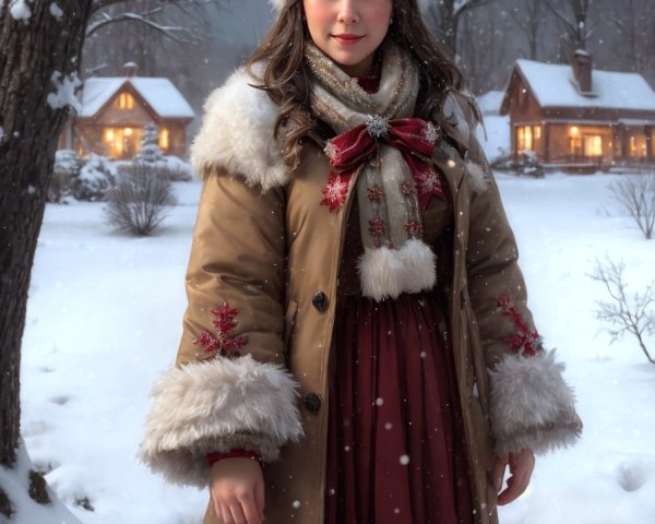 Woman in winter coat and furry hat standing in snowy landscape with illuminated houses.