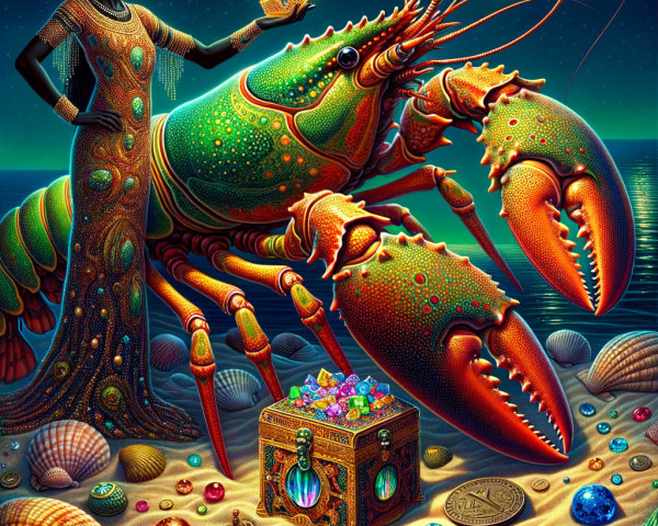 Majestic Figure and Colorful Lobster on Beach Scene