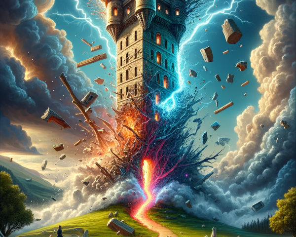 Castle in Storm with Levitating Books and Energy Source
