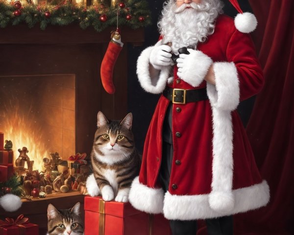 Santa Claus with cats by fireplace and gifts in cozy Christmas scene