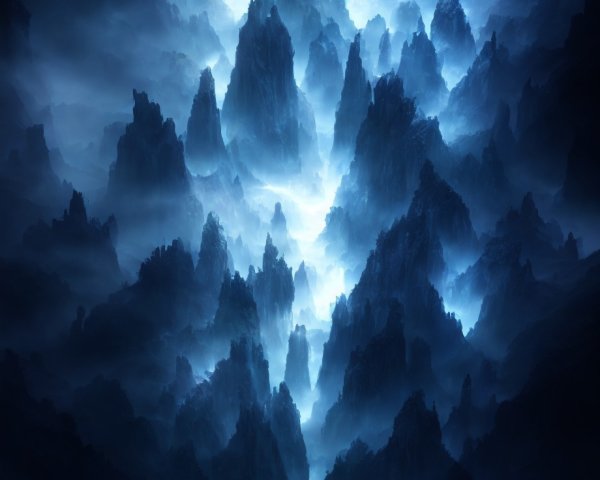 Adventurers by reflective water, gazing at jagged mountains under blue-lit sky