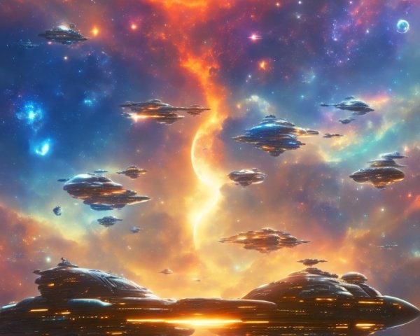 Bright central starburst surrounded by swirling nebulae and planets