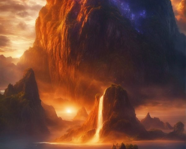 Majestic fantasy landscape with towering rock formation, dramatic sky, waterfalls, lush greenery,