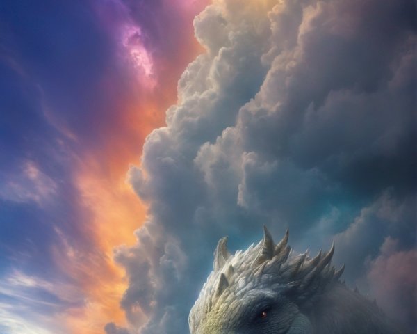 Dragon head emerging near beach under dramatic sky with daylight and night contrasted by crescent moon