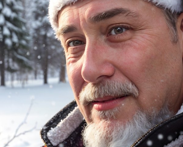 Man in Santa Hat Smiling in Snowy Landscape