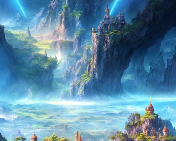Fantastical landscape with floating rock formations and mystical castles
