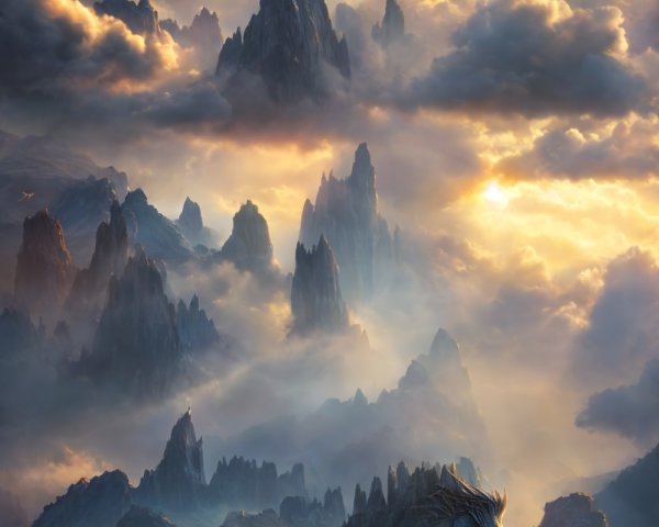 Person in front of dragon and mountains under golden sky