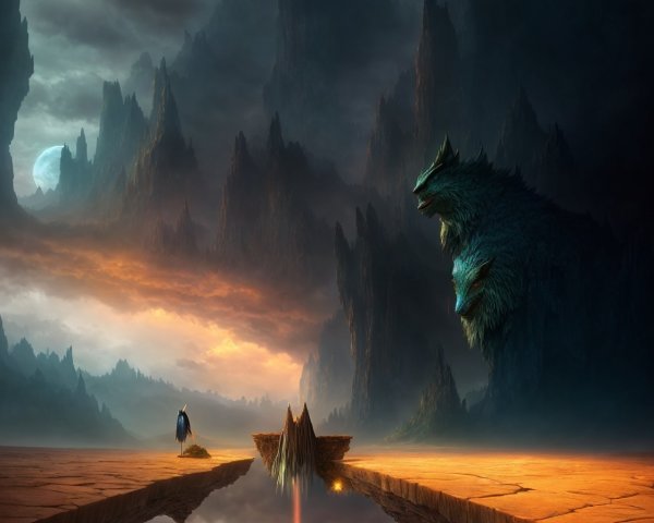 Fantasy landscape with rocky spires, dragon, and lone figure under moonlit sky