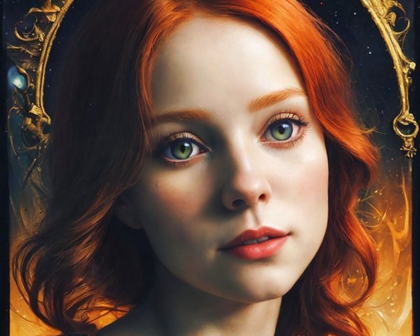 Portrait of woman with red hair, green eyes, gold crown, cosmic background
