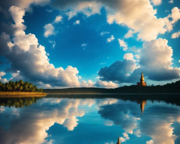 Surreal landscape with floating mirrored sphere temple under dramatic sky