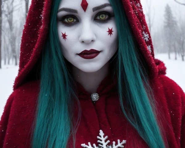 Teal-haired person in red cloak with unique facial markings in snowy scene