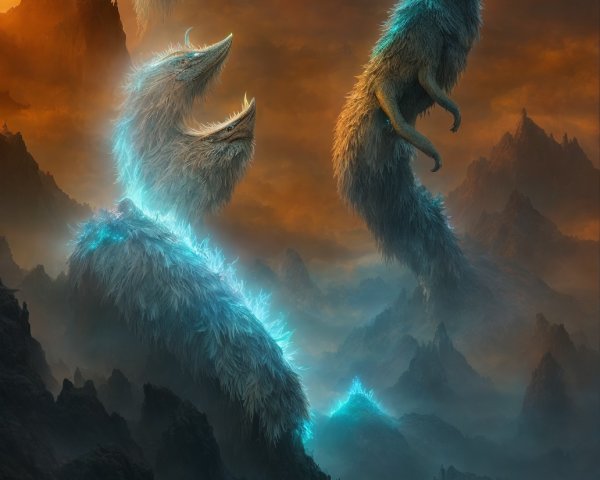 Ethereal blue foxes spiral in dramatic orange landscape