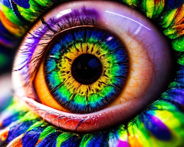 Vividly colored eye with green, yellow, and blue iris hues and multicolored painted skin