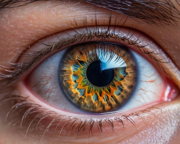 Detailed Green and Orange Iris Patterns in Human Eye Close-Up