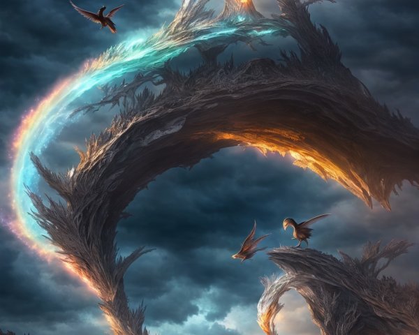 Twisted trees spiral under dramatic sky with birds and rainbow halo