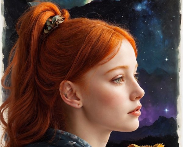 Red-haired woman with small dragon under moonlit sky