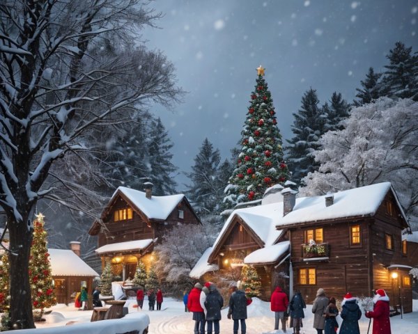 Festive snow-covered village with Christmas decorations and illuminated houses