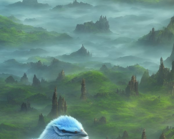 Futuristic flying vehicle over misty green landscape