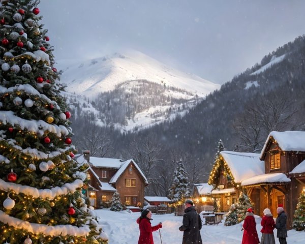 Snowy village Christmas scene with people near tree, houses lit up, mountain backdrop.