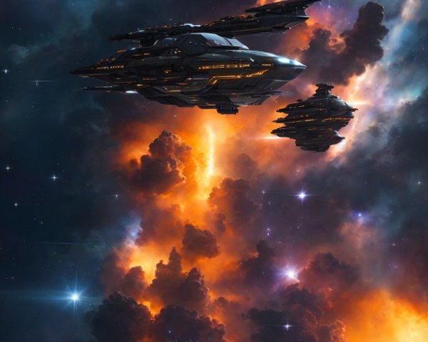 Futuristic starships in colorful nebula with twinkling stars
