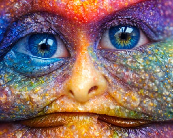 Vibrant multicolored glitter makeup on person's face with bright blue eyes