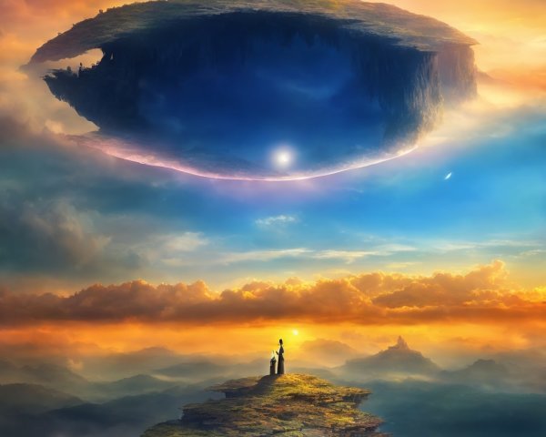 Person on rocky outcrop gazes at colossal floating island in vibrant sunrise