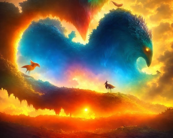Mythical phoenix artwork with iridescent feathers in sunset scene