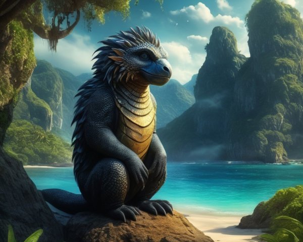 Majestic dragon on rock in lush tropical landscape