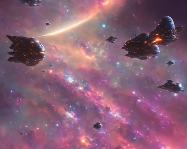 Colorful Spaceships Traveling Through Nebula with Starry Sky