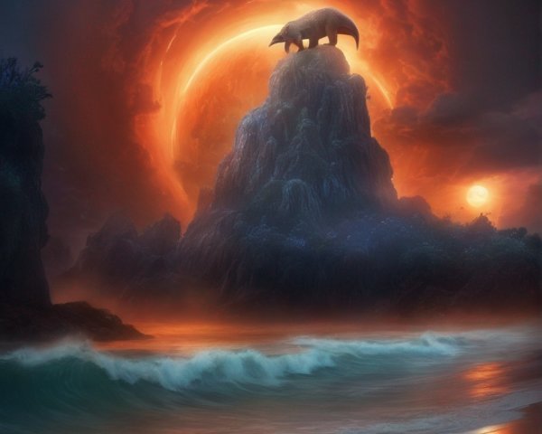 Surreal seascape with glowing orange portal and elephant under setting sun