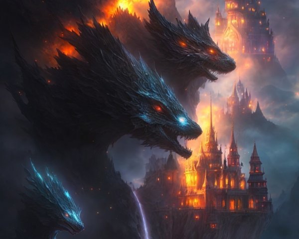 Fantastical lightning strike with dragons and castle in stormy sky