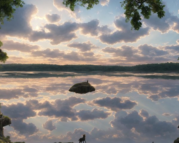 Tranquil landscape with clouds reflecting on water, person by shore, deer on cliff.