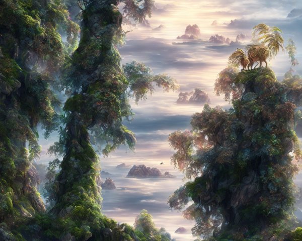 Mystical landscape featuring hidden dragon among lush trees, misty mountains, and floating islands.