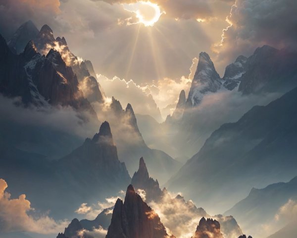 Mountain Landscape with Golden Sunlight and Clouds