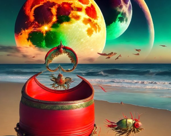 Surreal Beach Scene with Red Barrel and Colorful Moons