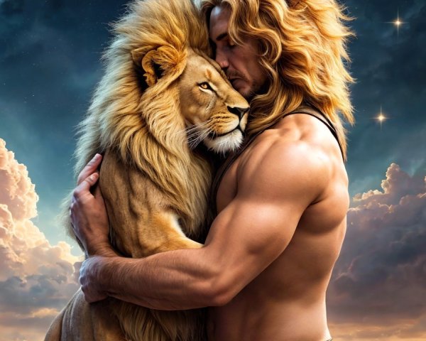 Muscular man with lion's head embracing lion under starry sky