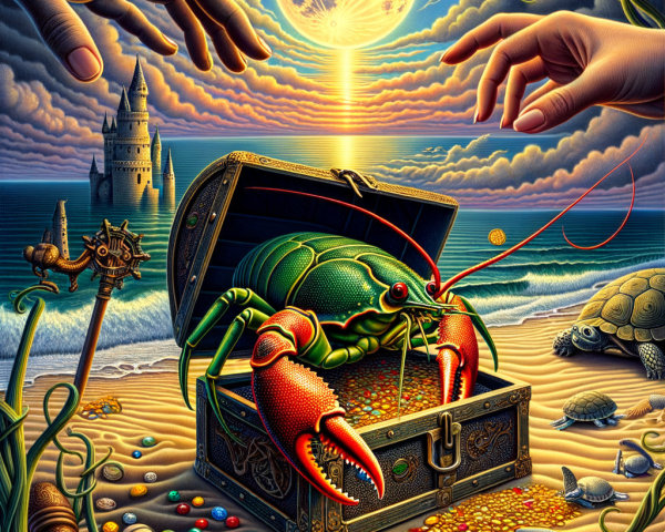 Giant lobster in treasure chest on vibrant beach at dusk