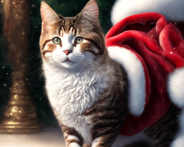 Tabby cat with white markings near Christmas tree and Santa hat