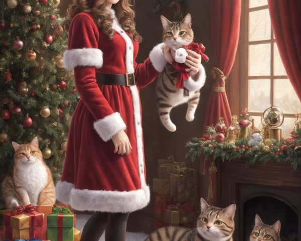Woman in Santa Outfit with Cats by Christmas Tree & Fireplace