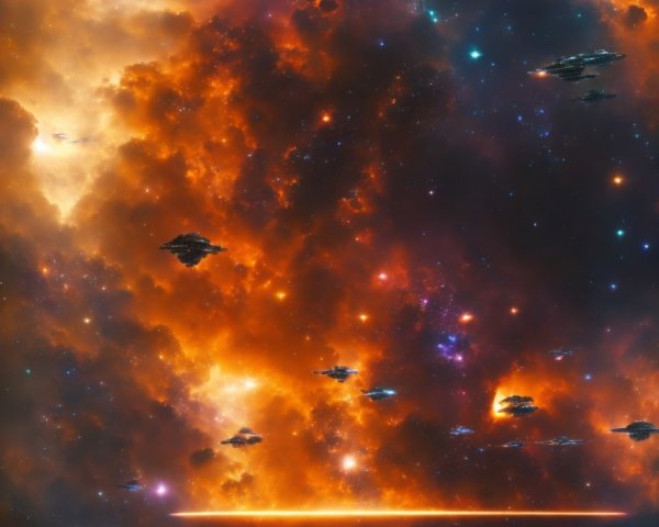 Fiery nebula and comet in cosmic scene