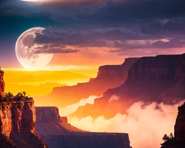 Vibrant Canyon Landscape with Moons and Sunset Hues