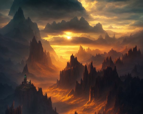 Mystical sunset landscape with floating island, castle, rock formations, and wolf.