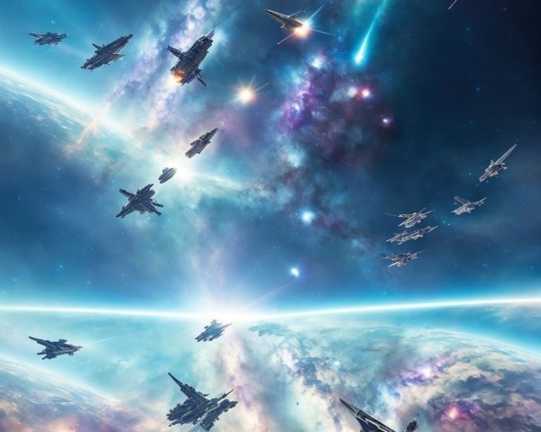 Vibrant space battle with spacecraft in starry galaxy