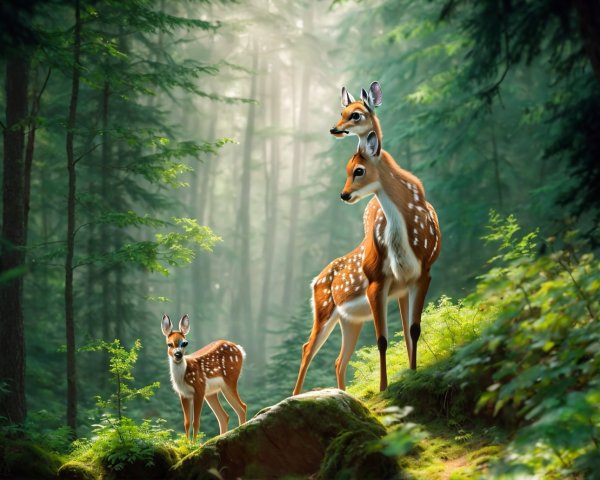Two Spotted Deer in a Sunlit Forest Setting