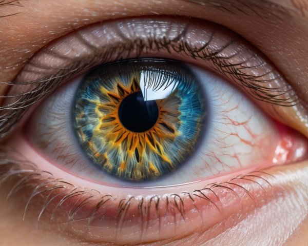 Detailed View of Blue Iris and Eyelashes with Visible Blood Vessels