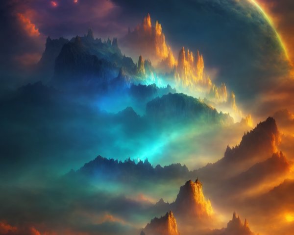 Vivid Fantasy Landscape with Majestic Mountain Range
