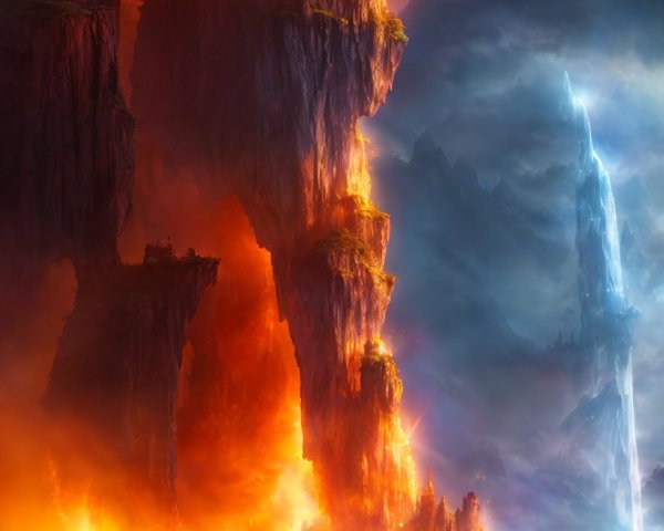 Fantastical landscape with lava streams, waterfalls, and mysterious figure